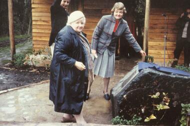 Photograph, Laying Foundation Stone, Miners Cottage, Ringwood Lake.  May 1983.  Brian Catterall T.C., Cr. Gotlib (Mayor), E. Pullin, Ringwood Historical Group President