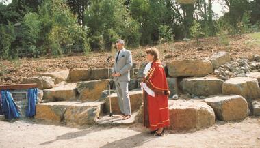 Photograph, Commemorative stone unveiled by the Mayor of Ringwood, Cr. Lillian Rosewarne, JP. on 12 April, 1987, marking the completion of the antimony mine Poppet Head reconstruction project at Ringwood Lake