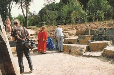 Photograph, Commemorative stone unveiled by the Mayor of Ringwood, Cr. Lillian Rosewarne, JP. on 12 April, 1987, marking the completion of the antimony mine Poppet Head reconstruction project at Ringwood Lake