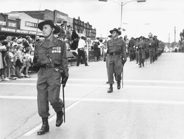 Photograph, Presentation of Freedom of the City of Ringwood to Royal Australian Engineers  3 Division, 27  March 1965 - Lt. Col. E.R. Baldwin lrading the parade