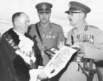 Photograph, Southern Command Army representation at Ringwood's "Freedom of the City" parade and presentation to Mayor, Ben Hubbard, when Ringwood was declared a city in March, 1960