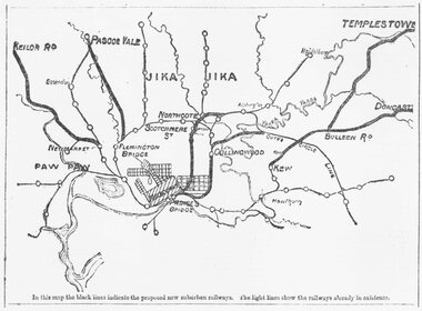 Document, Map of Melbourne suburbs showing proposed new railway lines - 1890