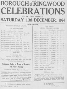 Document, Borough of Ringwood Celebrations Programme - December 1924 - marking Ringwood's separation from Shire of Lilydale