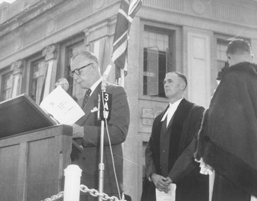Photograph, Proclamation of the City of Ringwood, 19 March, 1960.  Governor of Victoria, Sir Dallas Brooks, Town Clerk, Cr. F. Dwerryhouse, Ringwood Mayor, Cr. A. Lavis