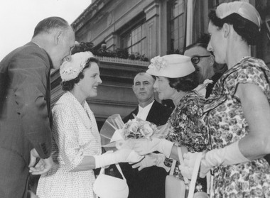 Photograph, Proclamation of the City of Ringwood, 19 March, 1960 - L-R: State Governor Sir Dallas Brooks and Lady Brooks, Town Clerk Cr. F. Dwerryhouse, Mayoress Mrs. Lavis presenting bouquet to Lady Brooks, Mayor Albert Lavis, Mrs. Dwerryhouse