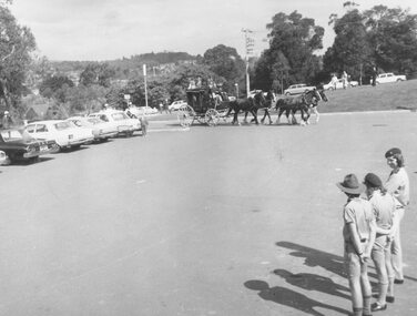 Photograph, "Back To" celebrations at Ringwood Civic Centre - 19.10.1974.  Mayor Cr. Stan Morris arriving by Cobb & Co coach