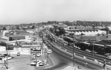 Photograph, Maroondah Highway, Ringwood- 1969. Westward view from Ringwood Clocktower, cnr Maroondah Hwy and Wantirna Road