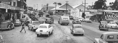 Photograph, Maroondah Highway West, Ringwood, 1955. Saturday morning shopping in Maroondah Highway