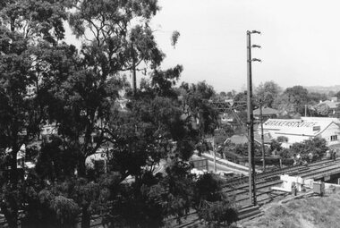 Photograph, View from Ringwood Clocktower overlooking Wantirna Road railway bridge and Thanet Street corner - Dec. 1969