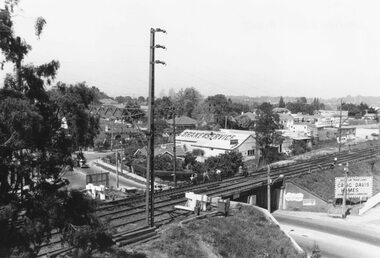 Photograph, View from Ringwood Clocktower overlooking Wantirna Road railway bridge and Thanet Street corner - Dec. 1969