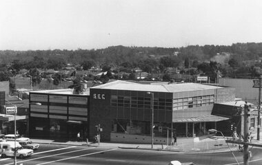 Photograph, View from Ringwood Clocktower overlooking Commonwealth Bank and SEC offices, cnr Maroondah Hwy and Ringwood Street, Ringwood - Dec. 1969