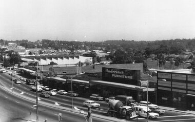Photograph, Maroondah Highway West, Ringwood- 1969. View from Ringwood Clocktower overlooking Main Shopping Centre and Holeproof, Maroondah Hwy
