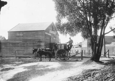 Photograph, Maroondah Highway Central, Ringwood. Mr. W. Matlock with hansom cab, Matlocks Livery Stables, Pratt Street, Ringwood - 1917