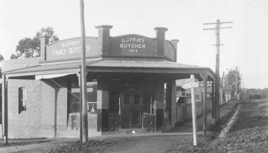 Photograph, Maroondah Highway East, Ringwood- 1920. Mr. O.J. Pratt's butcher shop, cnr Maroondah Highway and Warrandyte Road
