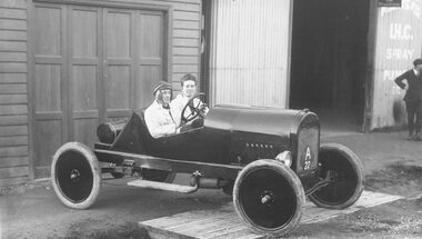 Photograph, L. Little and E. O'Keefe's racing car outside their garage in Whitehorse Road near Pratt Street, Ringwood - 1925