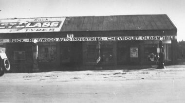 Photograph, Maroondah Highway East, Ringwood- c.1930's. H. F. Richards' Garage, cnr Whitehorse Road and Pratt Street