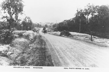 Photograph, Maroondah Highway East, Ringwood- c.1920. "Healesville Road, Ringwood" postcard featuring westward view along Whitehorse Road towards Mount Dandenong Road