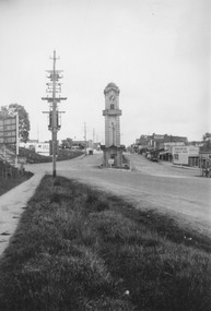 Photograph, Maroondah Highway Central, Ringwood. Clocktower at intersection of Warrandyte Road and Main Street, 1950