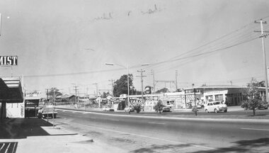 Photograph, Easterly view towards Esso petrol station and cool stores on opposite corners of Wantirna Road, corner of Maroondah Hwy, Ringwood - 1965