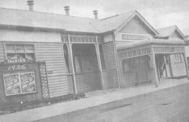 Photograph, Ringwood Hall fronting Melbourne Street, Ringwood - 1936, formerly Ringwood Mechanics Institute.  Advertised "Talkies" feature - "Look Up And Laugh"
