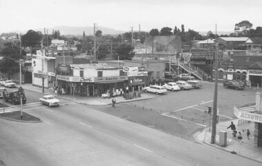 Photograph, Maroondah Highway Central, Ringwood. Town Hall rooftop view of Railway Station entrance, - c.1962