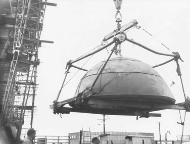 Photograph, Ringwood Clocktower dome retained from Warrandyte Road location being placed on new tower at Wantirna Road site - 1967