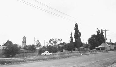 Photograph, Rear view of shops in Whitehorse Road, Ringwood - 1960.  Photo taken in Adelaide Street outside The Mail office looking towards the clocktower, then located at the Warrandyte Road intersection - 1960