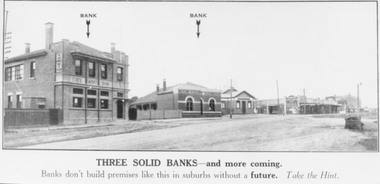 Photograph, 1924 Land Sale brochure image of Maroondah Highway, Ringwood, showing State Savings Bank, Bank of Victoria, Ringwood Hall on the corner of Melbourne Street, then shops and double storey Block Building including Coffee Palace and E.S. & A. Bank Chambers