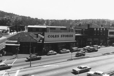 Photograph, Clocktower view overlooking Ringwood Street, Post Office, Coles Store and State Savings Bank, Maroondah Highway, Ringwood - 1969