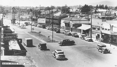 Photograph, Maroondah Highway Central, Ringwood. Whitehorse Road, looking east from Town Hall, c1940's