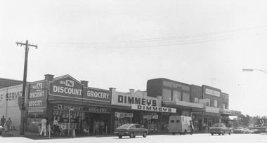 Photograph, Maroondah Highway Central, Ringwood. Shops on the north-east corner of Melbourne Street and Maroondah Highway, c.1970