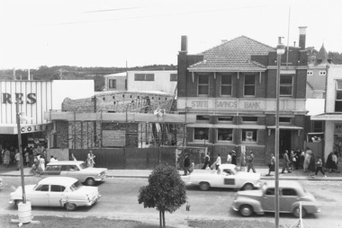 Photograph, State Savings Bank extension, photographed from coolstore roof, Maroondah Highway, Ringwood - c.1960