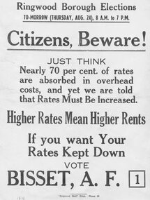 Document, Ringwood Borough Elections flyer - Vote 1 for A.F. Bissett - 1939