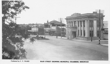 Photograph, Maroondah Highway Central, Ringwood. Main Street showing Municipal Chambers, c1930