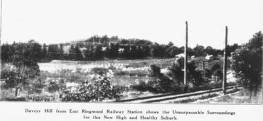 Photograph, Image used for land sale promotion of East Ringwood Railway Estate - 1925.  Davey's Hill shown in the photograph later became the site of Maroondah Hospital adjoining Davey Drive, Ringwood East