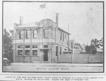 Photograph, Maroondah Highway Central, Ringwood. Land sale brochure image of the State Savings Bank of Victoria branch and manager's residence, 1923