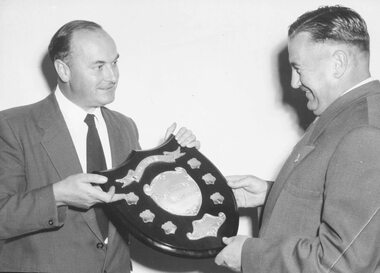 Photograph, Ringwood Horticultural & Agricultural Society- J. Kirby, President, H. & A. Society showing Charles Howitt the Your Garden Shield 1958