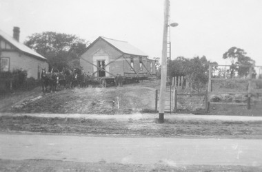 Photograph, Moving Pres. Church from Whitehorse Rd. to Adelaide St. Ringwood, 1928