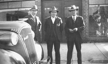 Photograph, Frank Clota (Heathmont), Bert Richards, Roy Wilkins.  Outside Richards Garage, later Coffey's, Whitehorse Road.  1936