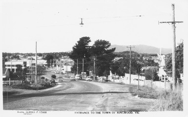 Postcard, Maroondah Highway West, Ringwood, 1956. Entrance to the town of Ringwood, Vic., looking East - Rose Series Postcard P13868, 1956