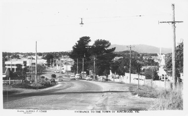 Postcard, Maroondah Highway West, Ringwood, 1956. Entrance to the town of Ringwood, Vic., looking East - Rose Series Postcard P13868