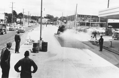 Photograph, Roadworks Maroondah Hwy cnr New Street looking west. Post 1961?