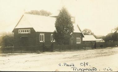 Photograph, St. Paul's in original position, Cr. Main & Pratt St. Ringwood. 1916