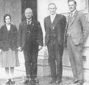 Photograph, Mr. A.F.B. Long, Town Clerk, Mr. M. Kibben, Health Inspector, Mr. Jenkins, Rate Collector, Miss Jenkins, Typist, Ringwood, 1932