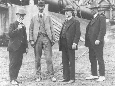 Photograph, Capt. E.T. Miles, Mr. Trethowan (Supervisor of Works), W. Everard, M.P., A.T. Miles - At Maroondah Dam construction 1923-1924