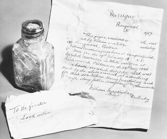 Photograph, Photo and report of letter found in a bottle at "Merrigan", home of William MacKinlay ,Ringwood North, 1917