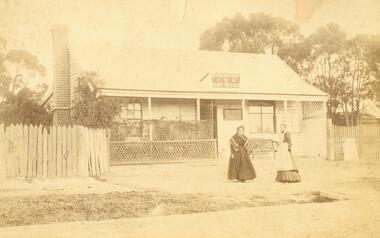 Photograph, Ringwood's first post office showing first postmistress, Miss M. Thompson. 1890