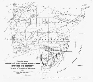Map, Map showing Parishes of Warrandyte, Mooroolbark, Ringwood and Scoresby. 1870