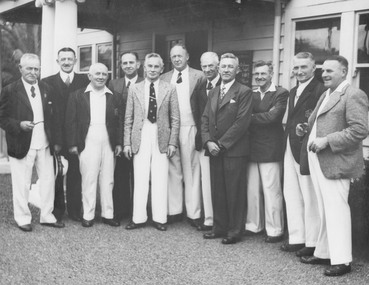 Photograph, Ringwood Bowling Club- Members outside clubrooms, c1947