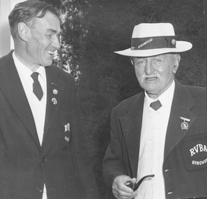 Photograph, Ringwood Bowling Club- Green opening day, President Mr. D. Leigh and Mr. Joe Archibold, 1959